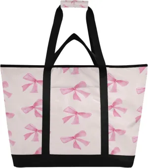 Bowknot Reusable Insulated Cooler Bag with Ice Pack Compartment - Large 47L Waterproof Thermal Grocery Tote for Picnic Beach Camping Lunch Storage