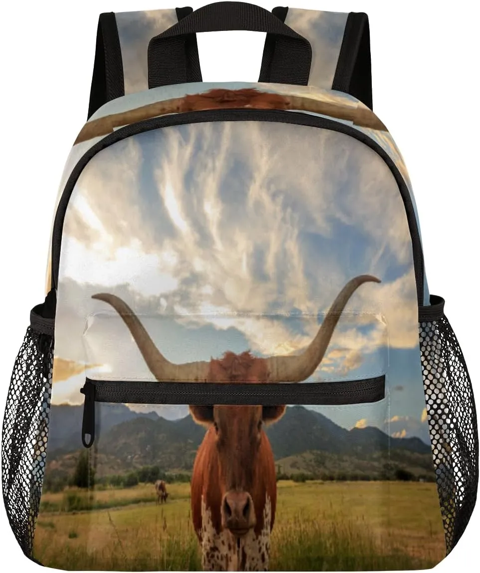 Budxapjw Texas Longhorn Steer School Backpack Kids Farm Animals Travel Camping Small Backpack for Boys Girls Elementary Preschool Kindergarten Supplies with Chest Strap for 3 Years Old and Above