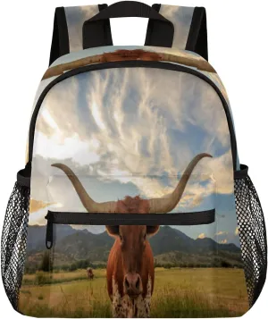 Budxapjw Texas Longhorn Steer School Backpack Kids Farm Animals Travel Camping Small Backpack for Boys Girls Elementary Preschool Kindergarten Supplies with Chest Strap for 3 Years Old and Above