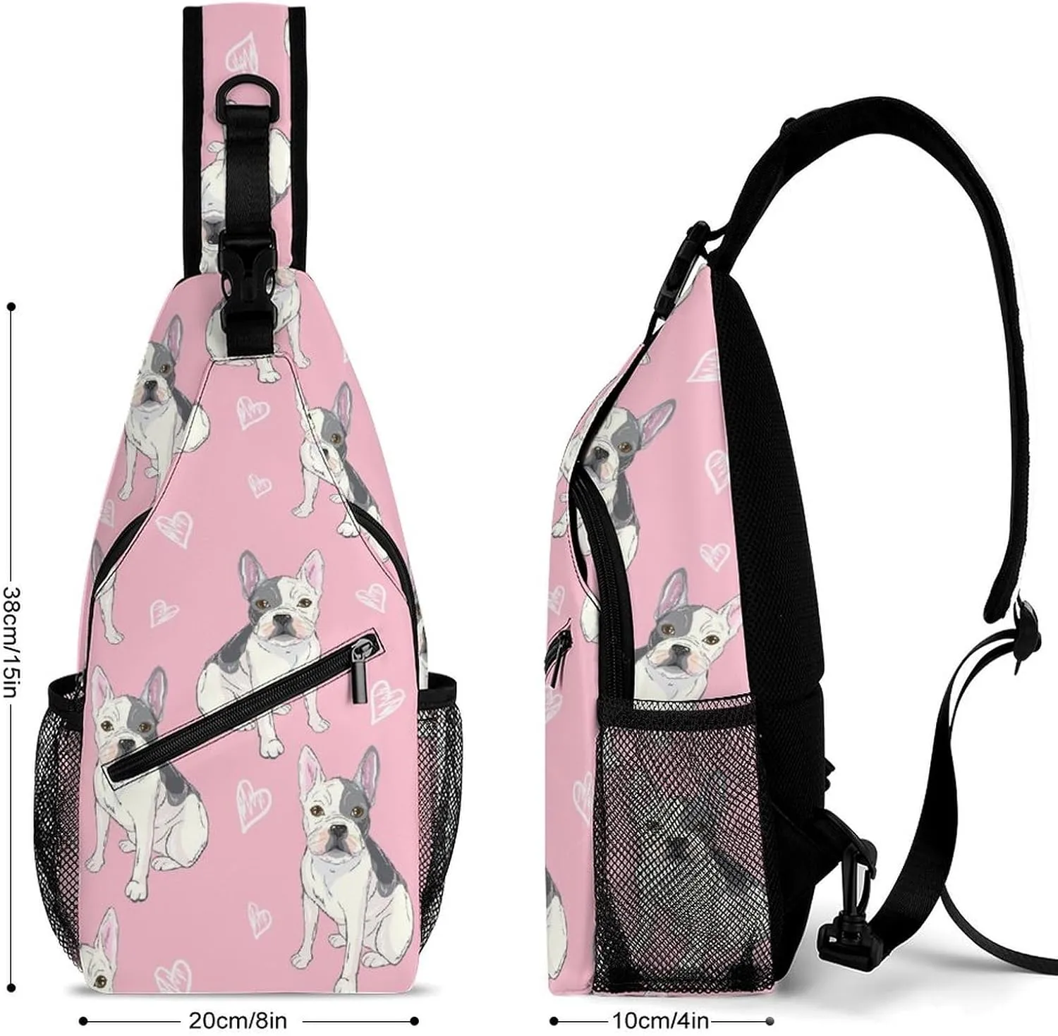 Bulldog Pattern Pink Sling Backpack, Crossbody Shoulder Bag, Chest Bags for Outdoor Travel Fitness, 38x20cm, Style-2