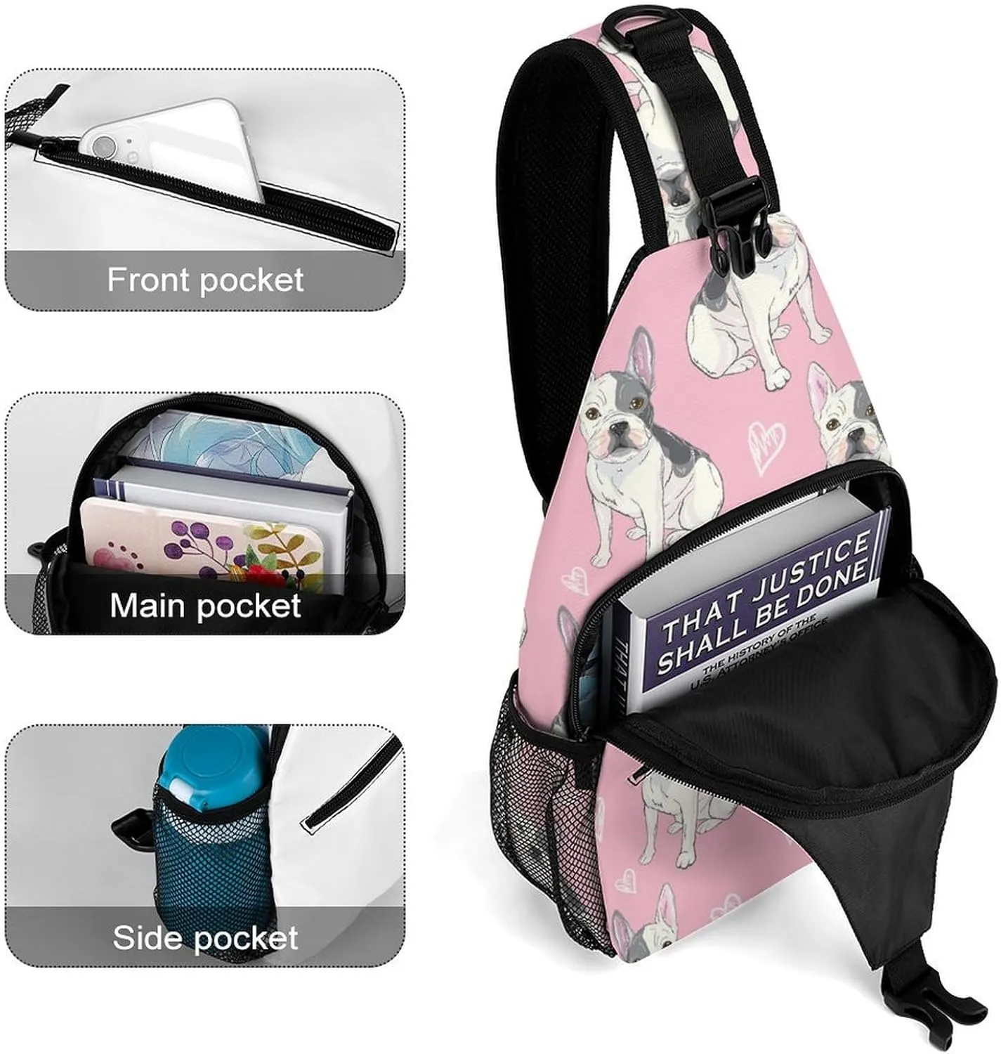 Bulldog Pattern Pink Sling Backpack, Crossbody Shoulder Bag, Chest Bags for Outdoor Travel Fitness, 38x20cm, Style-2