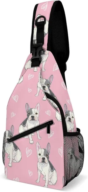 Bulldog Pattern Pink Sling Backpack, Crossbody Shoulder Bag, Chest Bags for Outdoor Travel Fitness, 38x20cm, Style-2