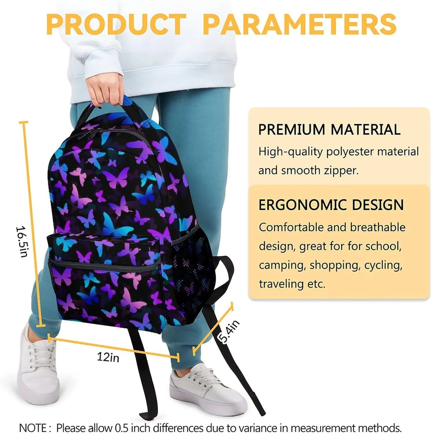 Butterfly Backpack for Kids Girls, 16" Cute Cartoon Backpack for School, Large Capacity Bookbag for Students, Backpack Gifts for Butterfly Lovers