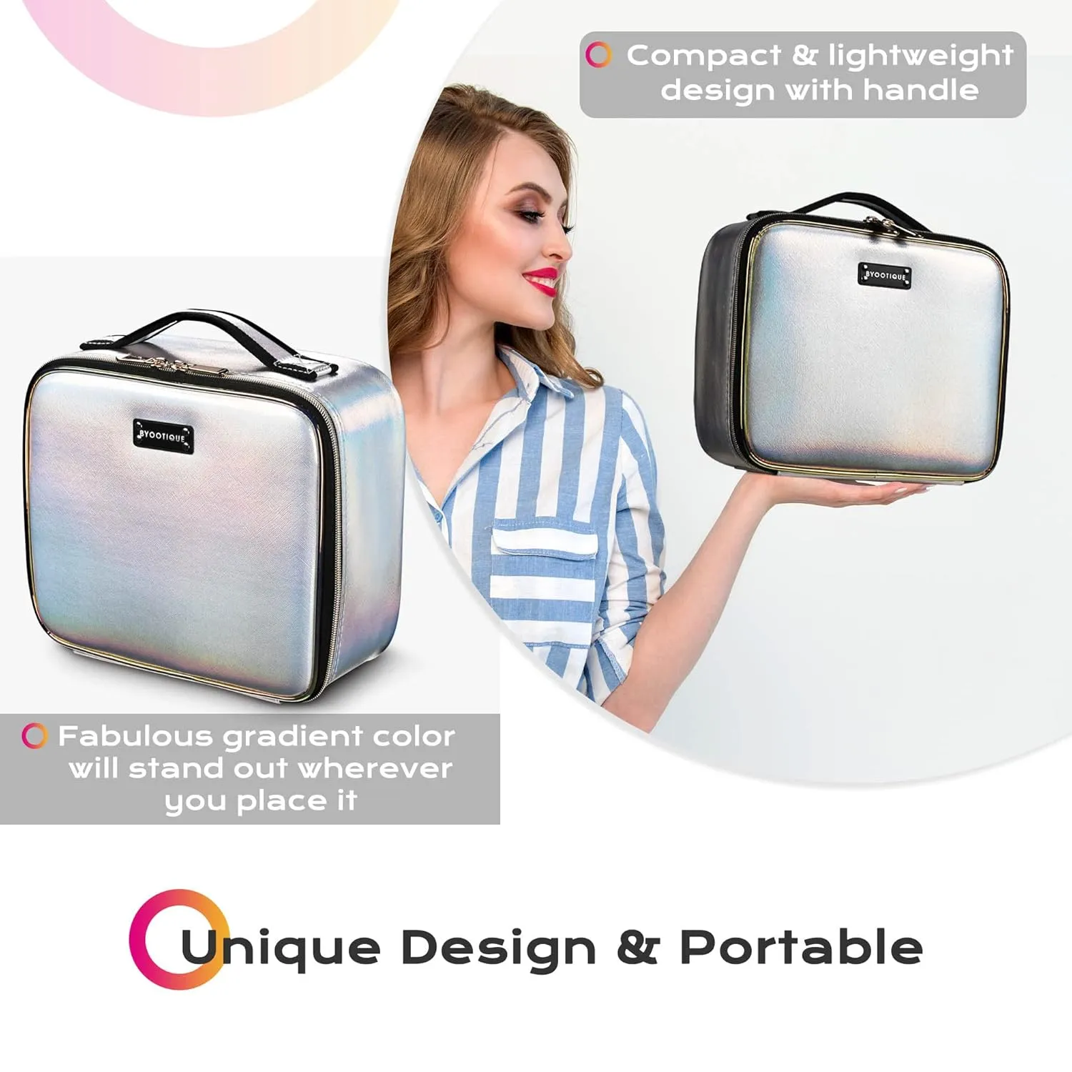 BYOOTIQUE Makeup Bag Travel Makeup Case 10" Cosmetic Storage Case Portable Makeup Artist Storage Box with Mirror & Adjustable Dividers Organizer for Cosmetics Makeup Brushes Toiletry, Northern Lights