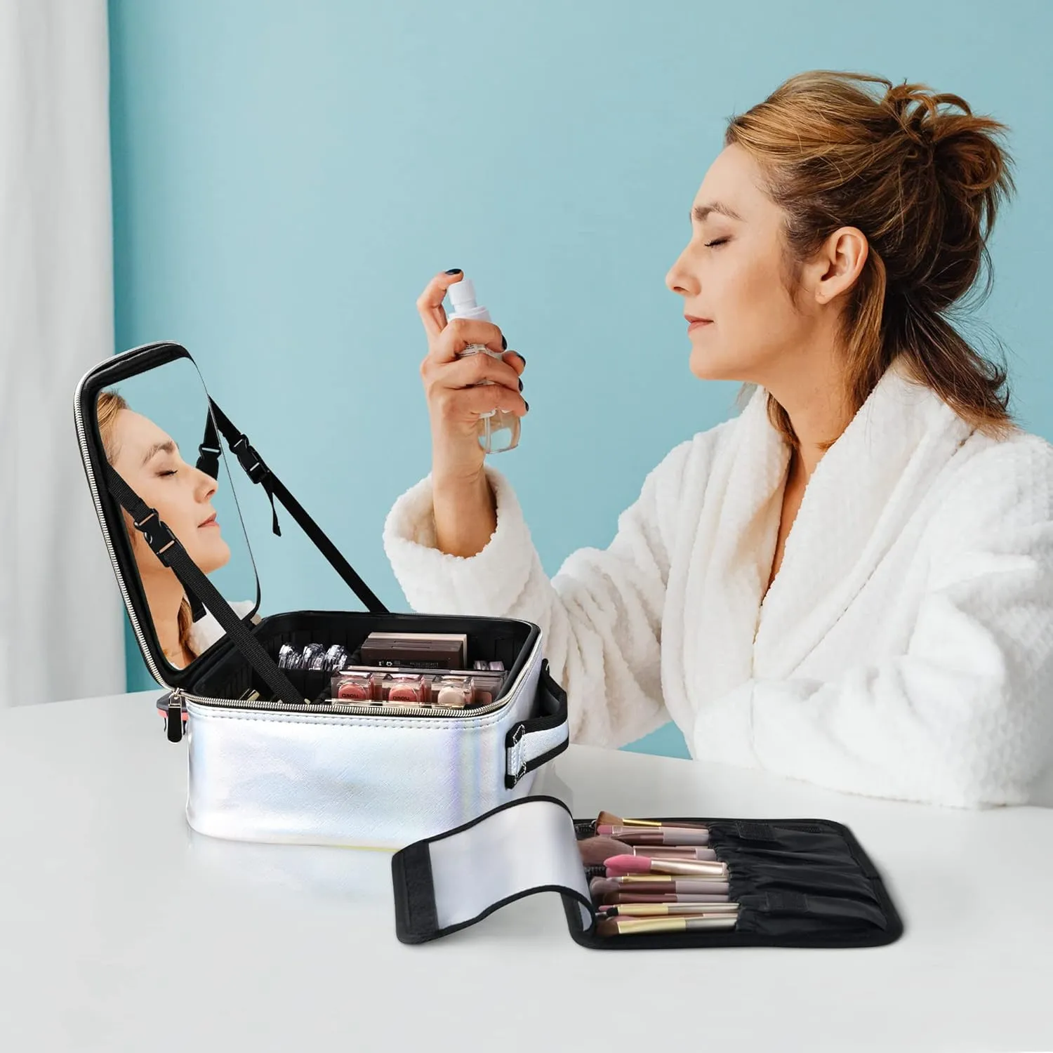 BYOOTIQUE Makeup Bag Travel Makeup Case 10" Cosmetic Storage Case Portable Makeup Artist Storage Box with Mirror & Adjustable Dividers Organizer for Cosmetics Makeup Brushes Toiletry, Northern Lights
