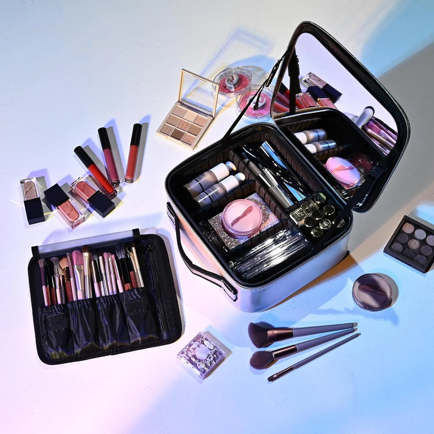 BYOOTIQUE Makeup Bag Travel Makeup Case 10" Cosmetic Storage Case Portable Makeup Artist Storage Box with Mirror & Adjustable Dividers Organizer for Cosmetics Makeup Brushes Toiletry, Northern Lights