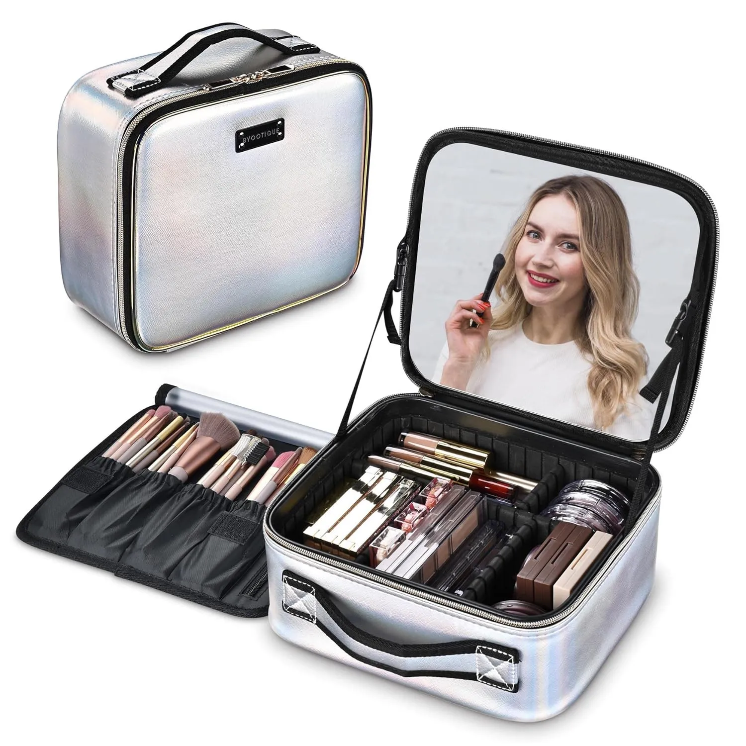 BYOOTIQUE Makeup Bag Travel Makeup Case 10" Cosmetic Storage Case Portable Makeup Artist Storage Box with Mirror & Adjustable Dividers Organizer for Cosmetics Makeup Brushes Toiletry, Northern Lights