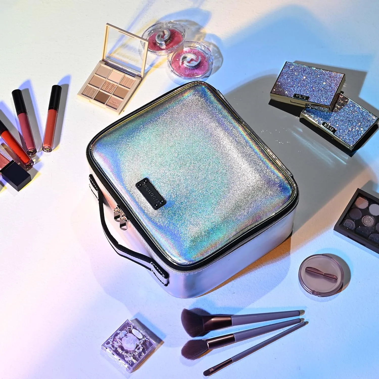 BYOOTIQUE Makeup Bag Travel Makeup Case 10" Cosmetic Storage Case Portable Makeup Artist Storage Box with Mirror & Adjustable Dividers Organizer for Cosmetics Makeup Brushes Toiletry, Northern Lights