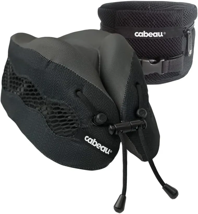 Cabeau Long Haul Flight Cooling Travel Neck Pillow – Evolution Cool – Supportive Memory Foam with Airflow Vents – Compact with Carrying Case (Black)