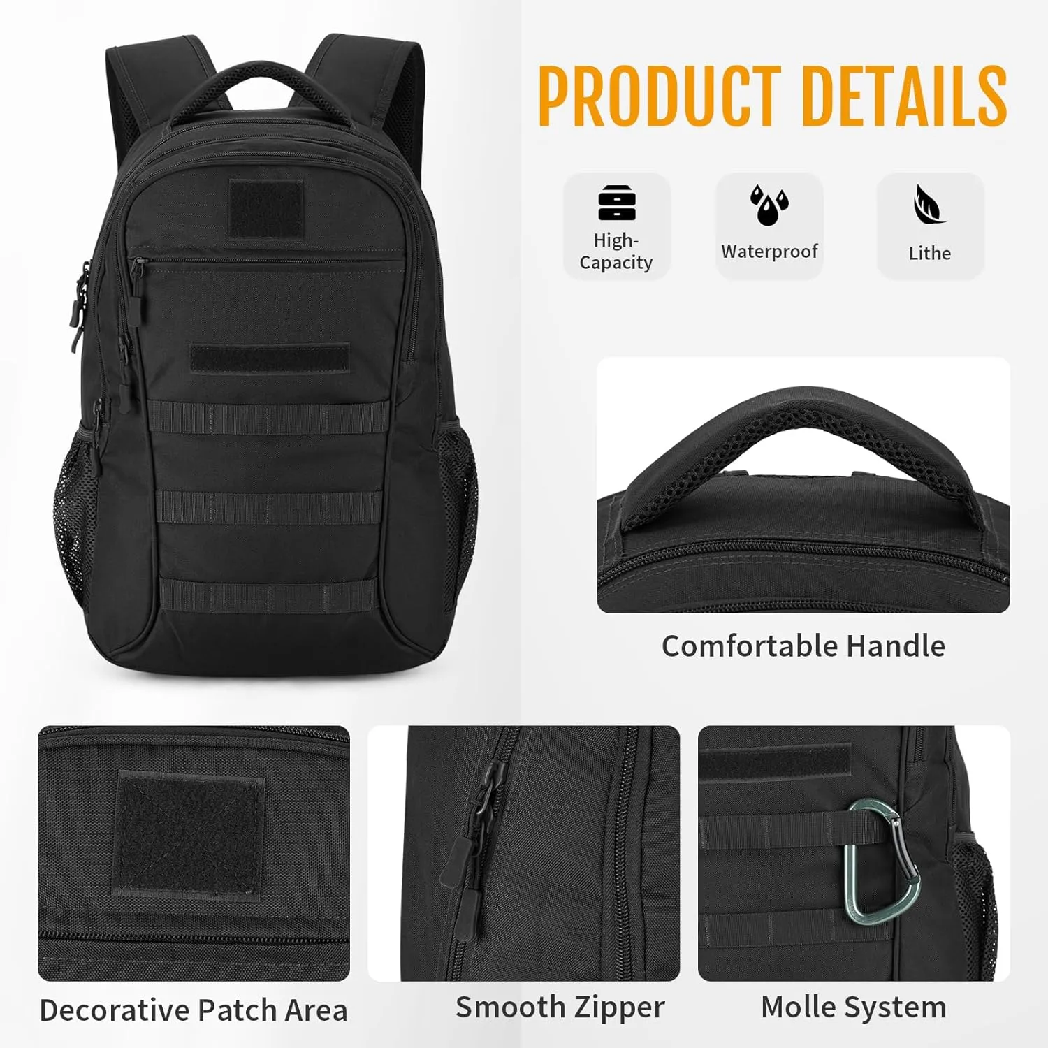 CamGo 15L Mini Backpack for Men Small Tactical Hiking Daypack Molle Gear Rucksack for Hunting Camping Bag with Patch, Black