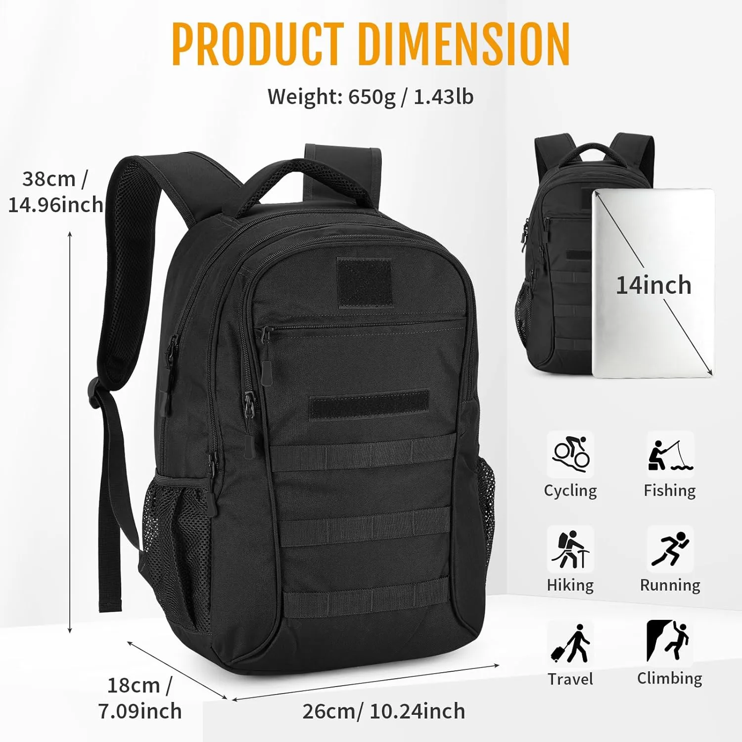 CamGo 15L Mini Backpack for Men Small Tactical Hiking Daypack Molle Gear Rucksack for Hunting Camping Bag with Patch, Black