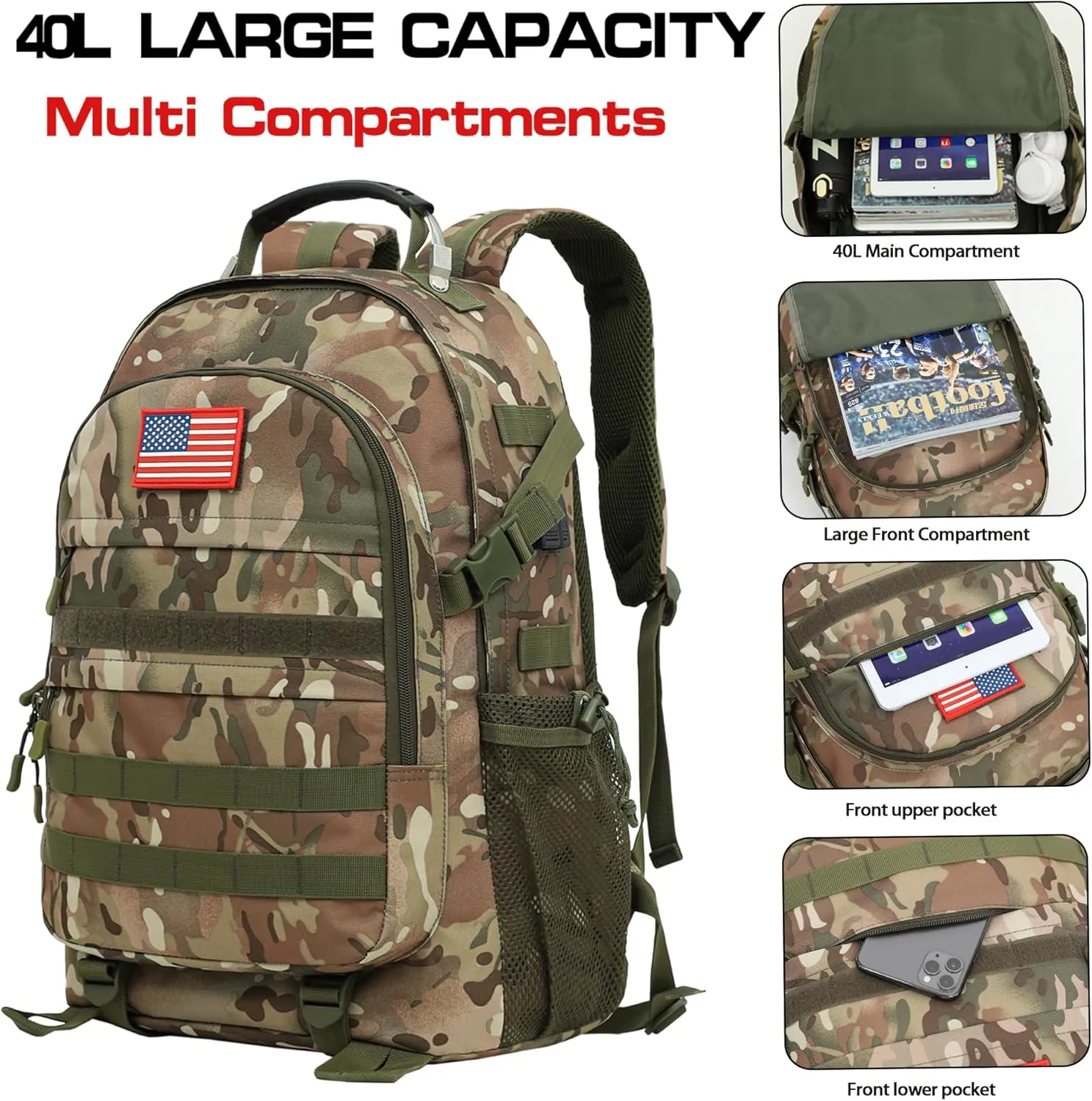 Camo Backpack 40L Military Elementary Middle School Boys Backpack Molle with USB Charging Port & Flag Patch