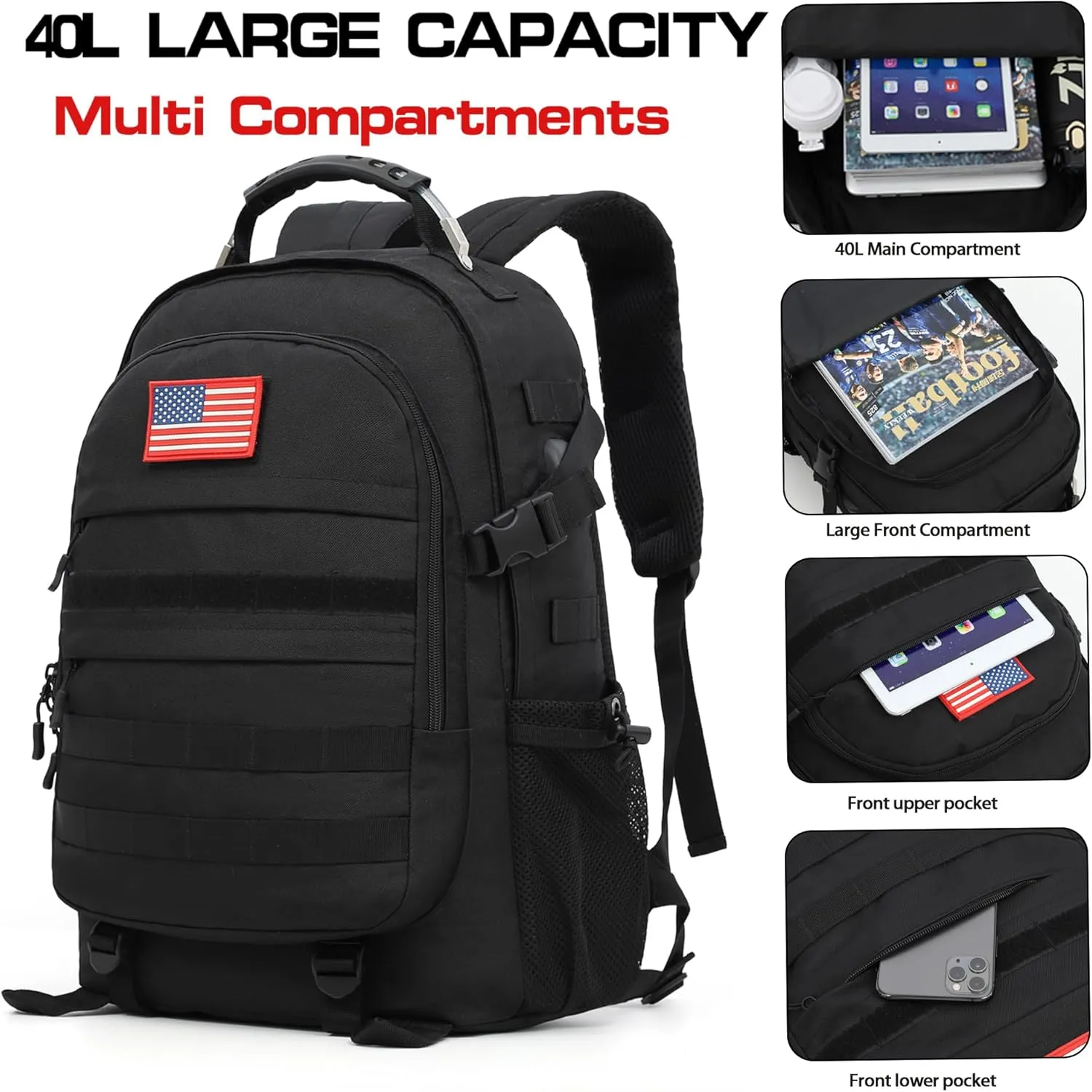 Camo Backpack 40L Military Elementary Middle School Boys Backpack Molle with USB Charging Port & Flag Patch