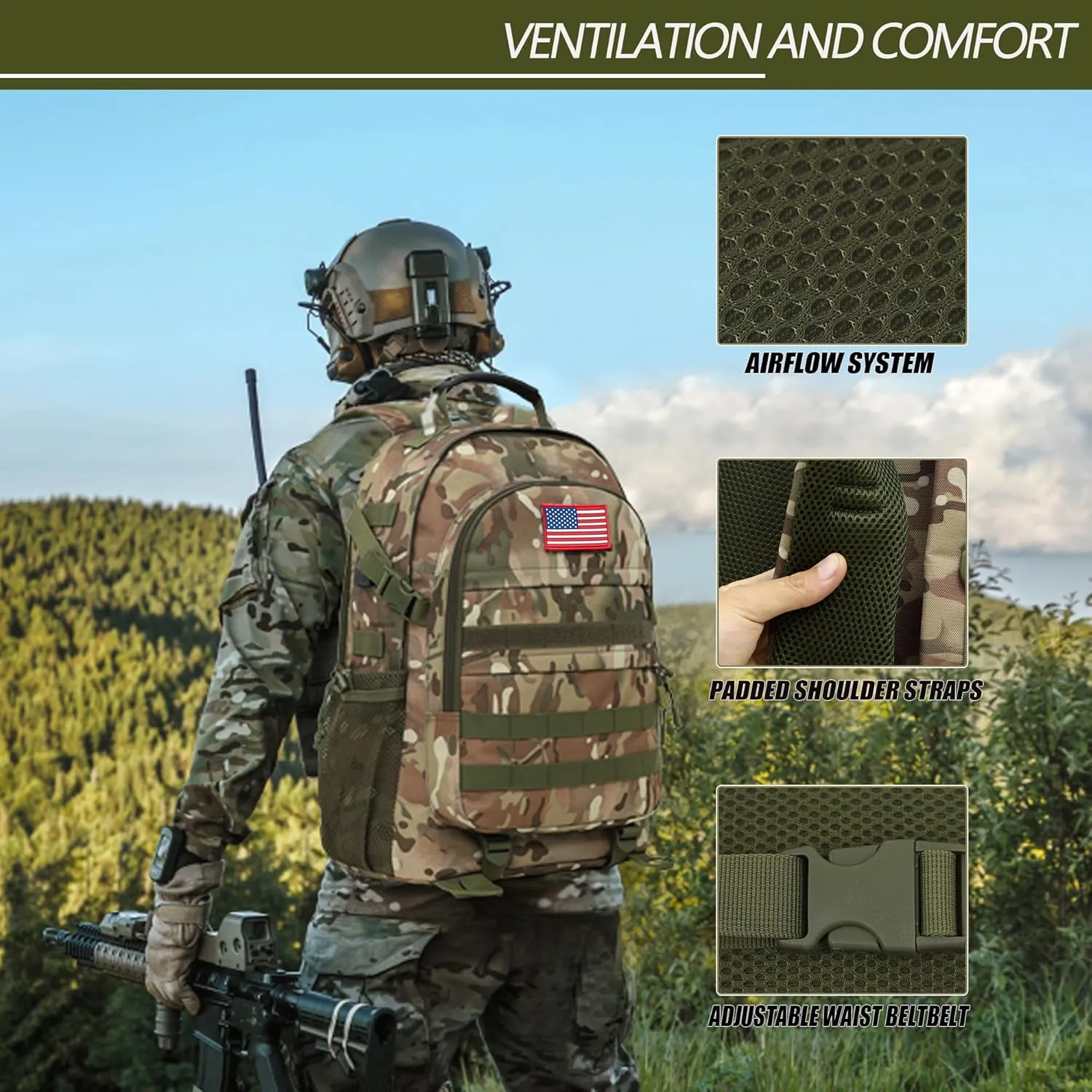 Camo Backpack 40L Military Elementary Middle School Boys Backpack Molle with USB Charging Port & Flag Patch