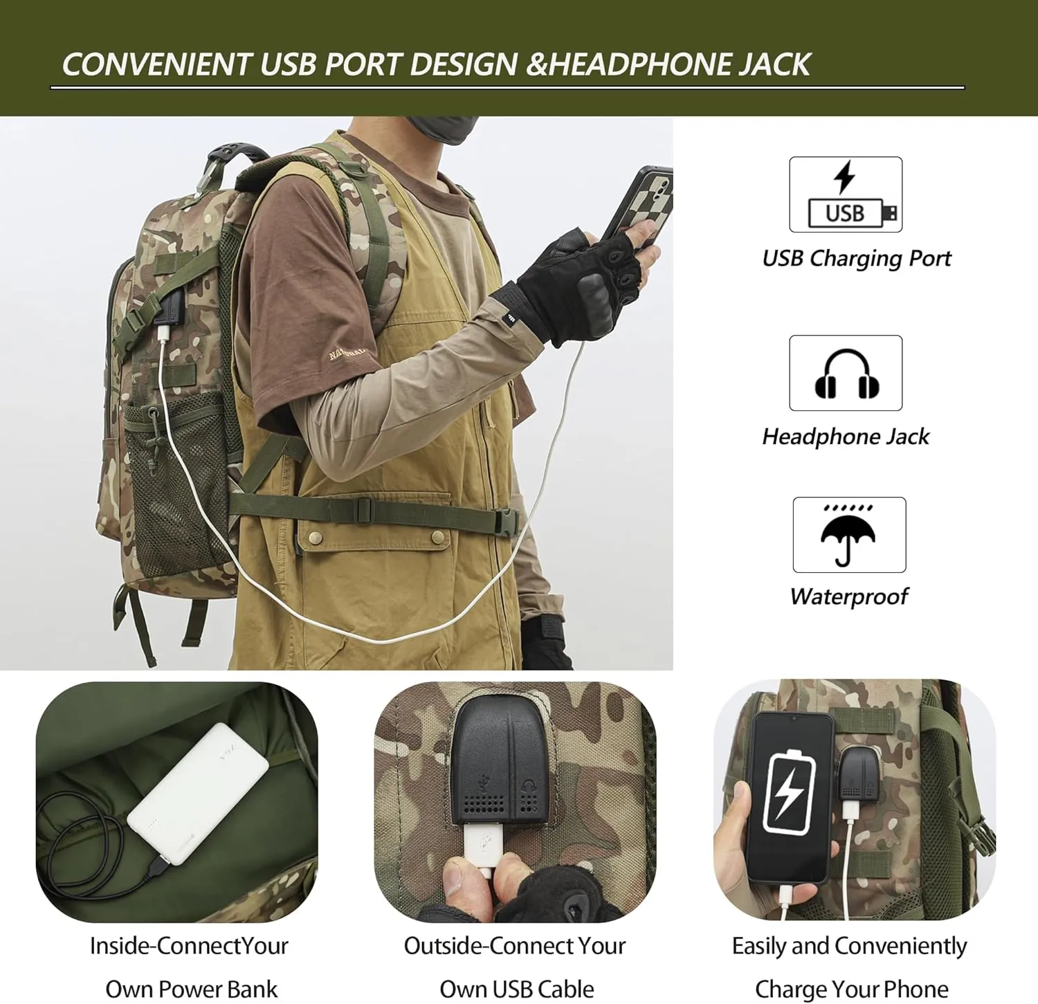 Camo Backpack 40L Military Elementary Middle School Boys Backpack Molle with USB Charging Port & Flag Patch