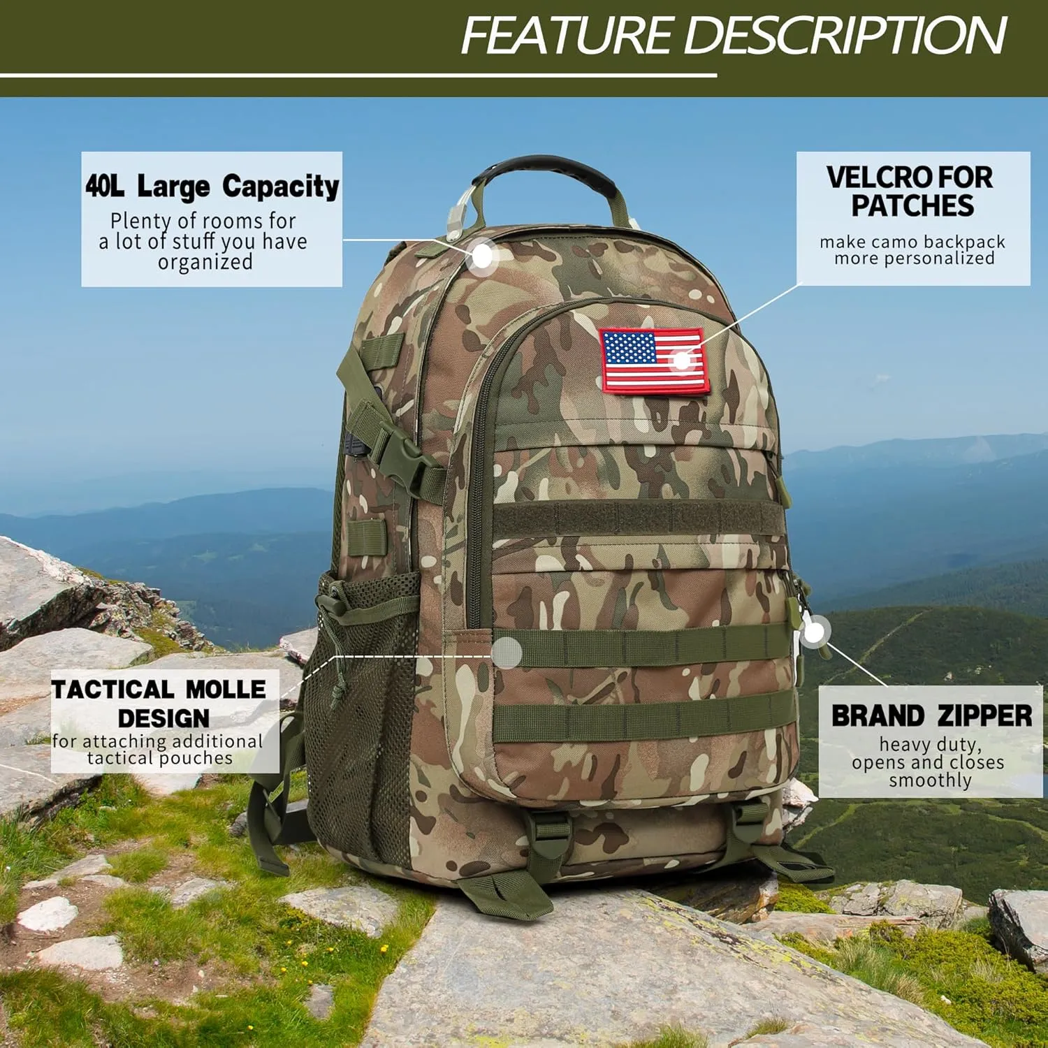 Camo Backpack 40L Military Elementary Middle School Boys Backpack Molle with USB Charging Port & Flag Patch