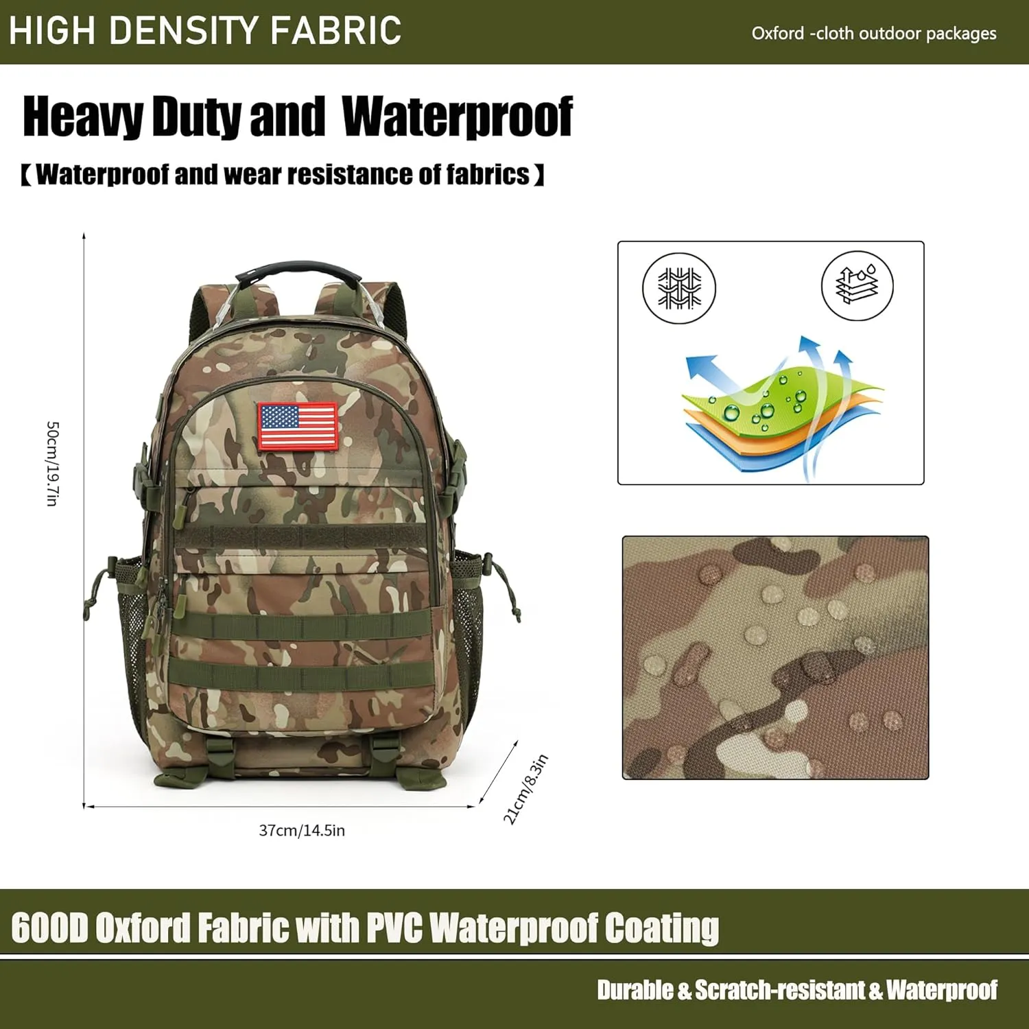 Camo Backpack 40L Military Elementary Middle School Boys Backpack Molle with USB Charging Port & Flag Patch