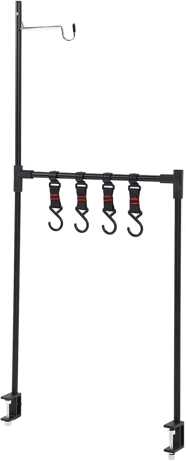 Camping Desk Storage Rack, Folding Adjustable Camping Desktop Storage Stand, Hanging Rack with Light Hanger for Outdoor BBQ Picnic