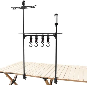 Camping Foldable Storage Rack Multifunctional Aluminum Table Stand with Storage Bracket Portable Camping Hanging Rack with 4 Hook for Outdoor BBQ Picnic Cookware Party