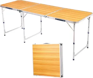 Camping Folding Table with Adjustable Height, 6ft Folding Portable Camping Table, Durable Aluminum Frame, RV Dining Tables, Grill, DJ, BBQ, Dining, Picnic, Cooking, Beach, Garden, Wood Grain Color