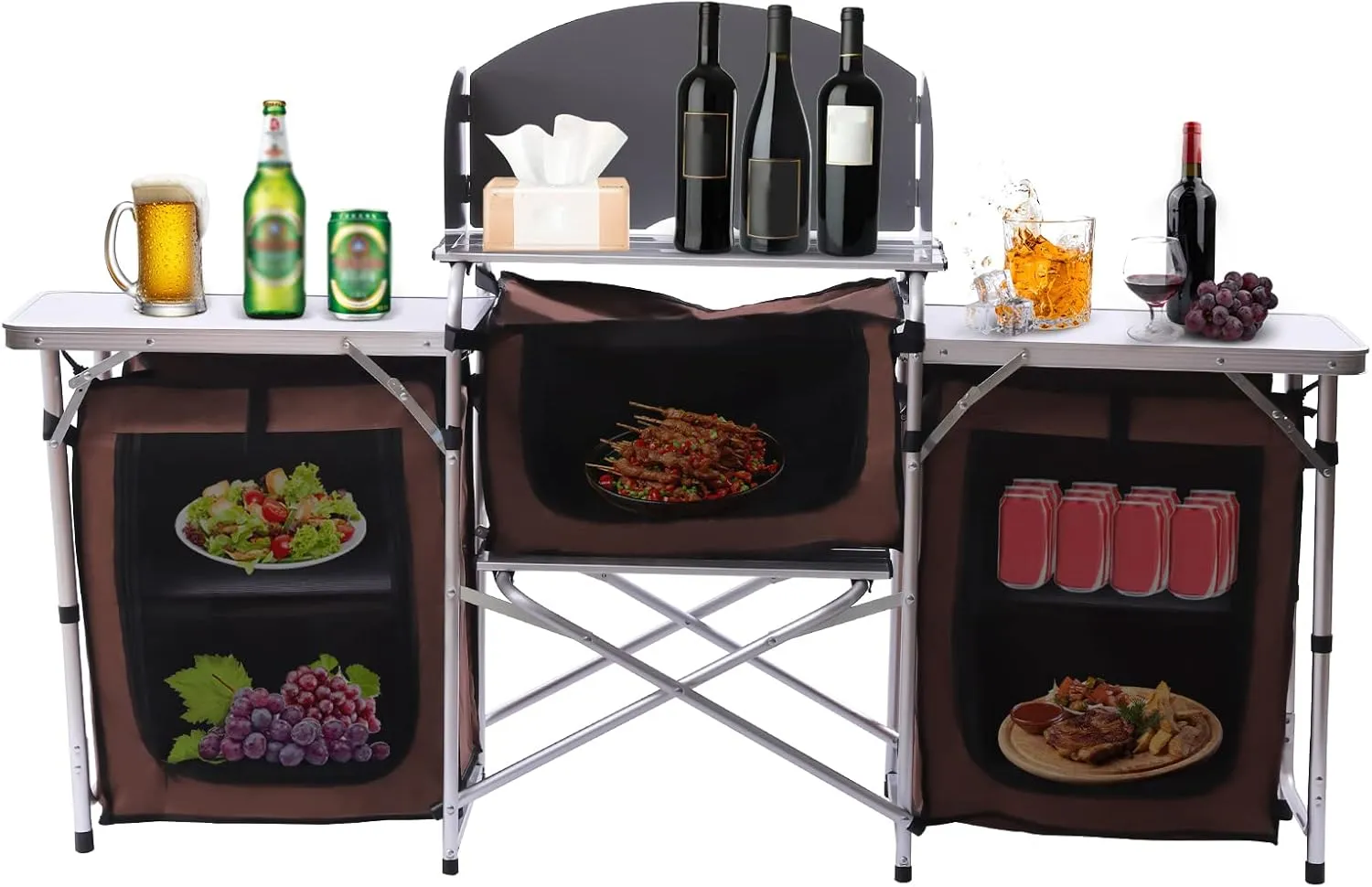 Camping Kitchen Station, Folding Cooking Table Outdoor with Tabletop & 2 Side Tables, Portable Camp Cook Outdoor Prep Station for Garden, Beach, Camping, Hiking Trips, Fishing