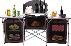 Camping Kitchen Station, Folding Cooking Table Outdoor with Tabletop & 2 Side Tables, Portable Camp Cook Outdoor Prep Station for Garden, Beach, Camping, Hiking Trips, Fishing