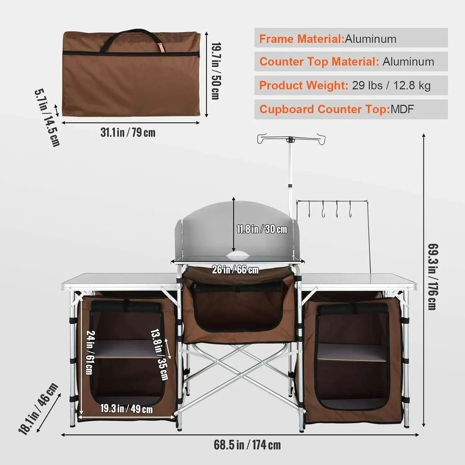 Camping Kitchen Table, Folding Outdoor Cooking Table with Storage Carrying Bag, Aluminum Cook Station 3 Cupboard