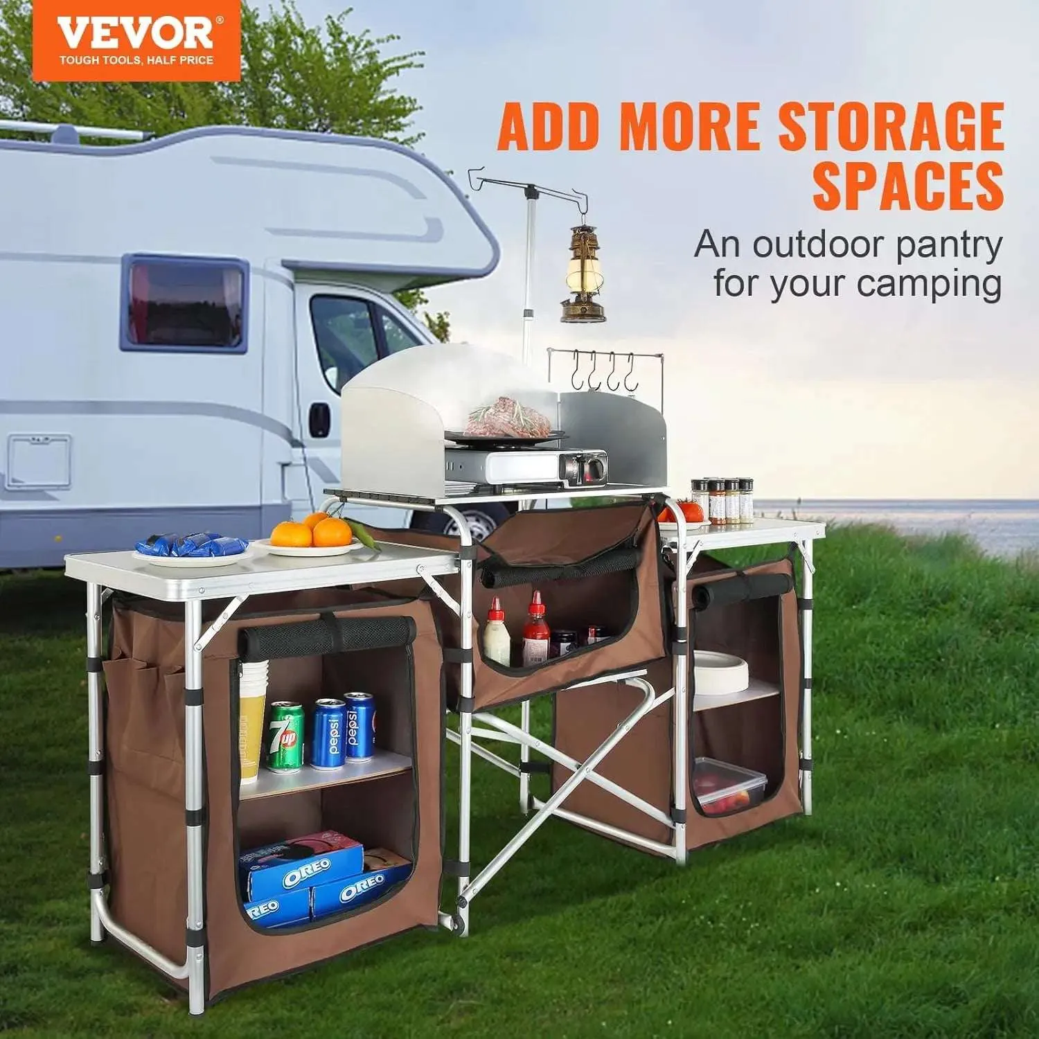 Camping Kitchen Table, Folding Outdoor Cooking Table with Storage Carrying Bag, Aluminum Cook Station 3 Cupboard