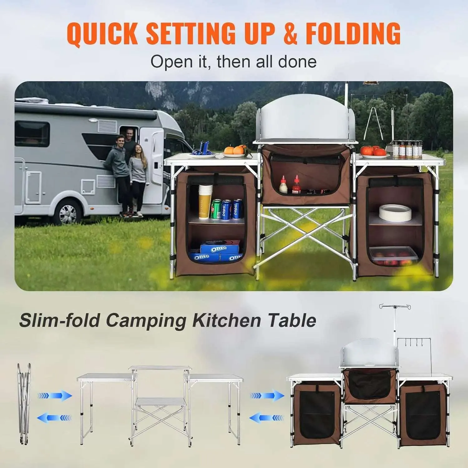 Camping Kitchen Table, Folding Outdoor Cooking Table with Storage Carrying Bag, Aluminum Cook Station 3 Cupboard