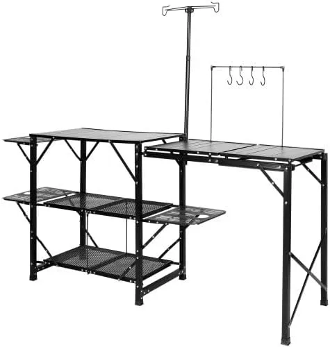 Camping Kitchen Table, One-piece Folding Portable Cook Station with A Carrying Bag, Long Aluminum Camping Table 3 Side Tables, 2 Shelves & A Detachable Sink for Outdoor Picnics, BBQs, Camping