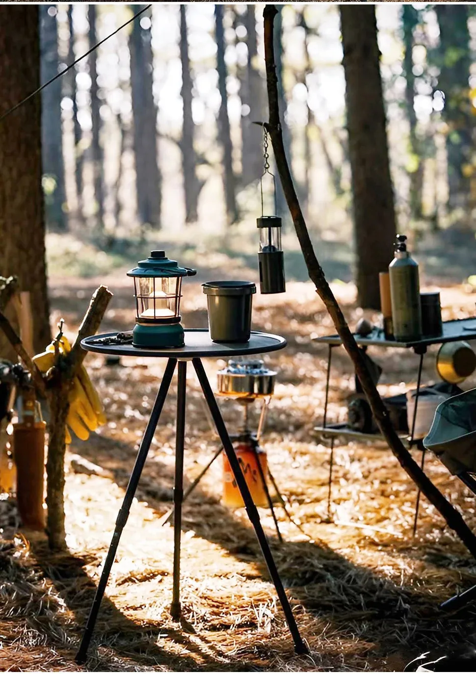 Camping Round Table with Light Stand Ultralight Portable Folding Table with Adjustable Legs