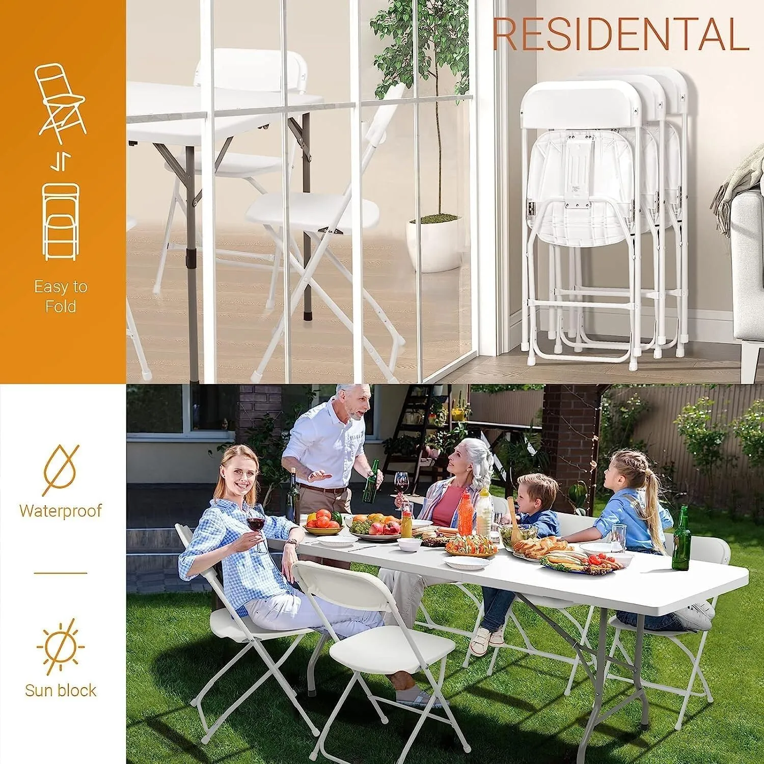 Camping Table, 5 Pack Black Plastic Folding Chair, Indoor Outdoor Portable Stackable Commercial Seat with Steel Frame 350lb. Capacity for Events Office Wedding Party Picnic Kitchen Dining(White,4 Pack