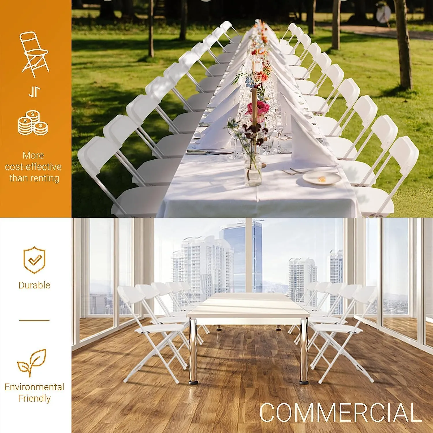 Camping Table, 5 Pack Black Plastic Folding Chair, Indoor Outdoor Portable Stackable Commercial Seat with Steel Frame 350lb. Capacity for Events Office Wedding Party Picnic Kitchen Dining(White,4 Pack