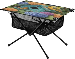 Camping Table Lightweight Portable Folding Table with Mesh Storage Net Flower Blue Birdhouse Ideal for Camping Hiking Beach Picnic Travel Backyard