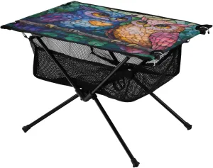 Camping Table Lightweight Portable Folding Table with Mesh Storage Net Glass Texture Owl Ideal for Camping Hiking Beach Picnic Travel Backyard