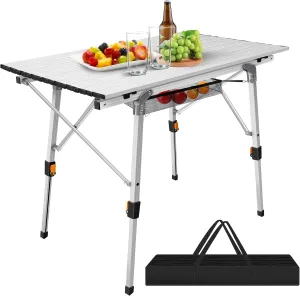 Camping Tables That Fold up 90 x 53 CM Aluminium Frame Roll Up Table Top with Height Adjustable Legs Collapsible Table 3ft Picnic Table with Carry Bag for Indoor Outdoor Activities up to 30 kg, Silver