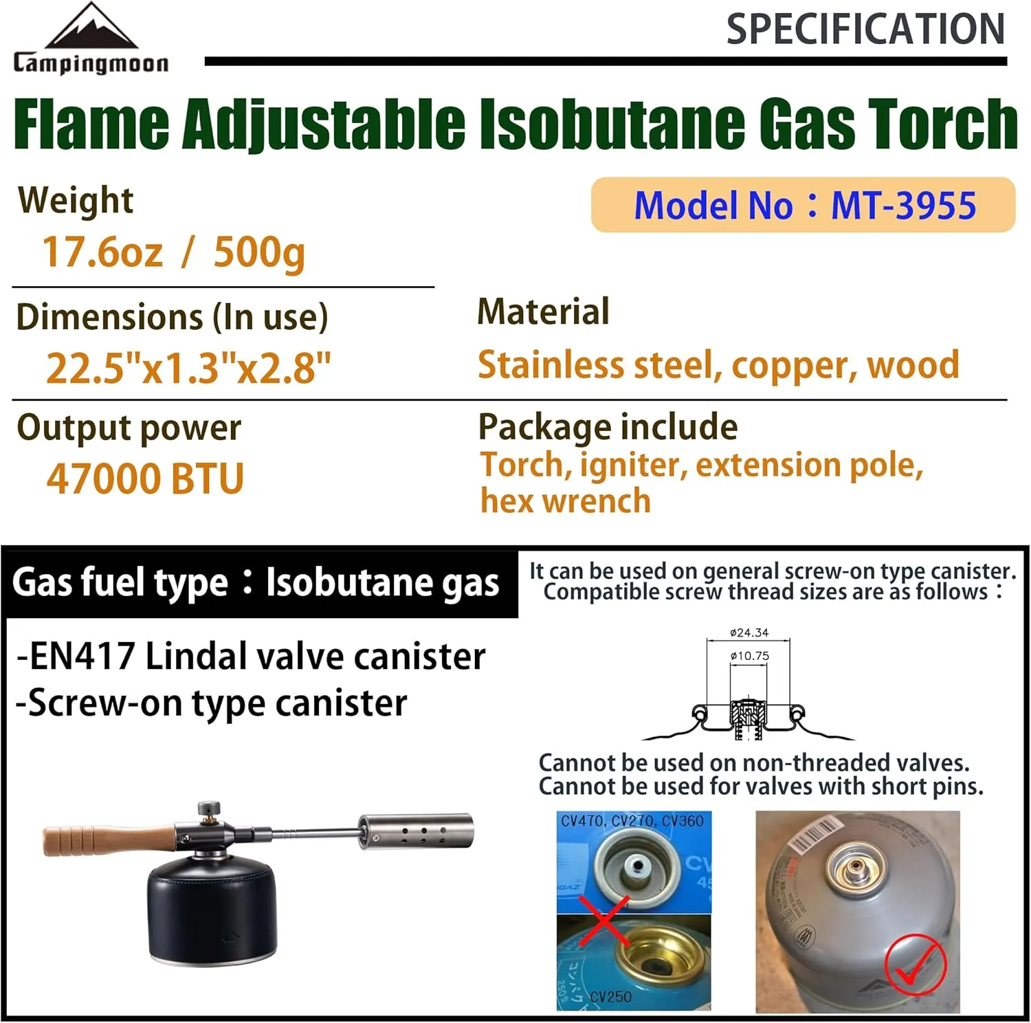 CAMPINGMOON Camping Grill Torch Dual Fuel Head Flame Adjustable for Charcoal Starter with Storage Case MT-3955/I-1010 (Isobutane)