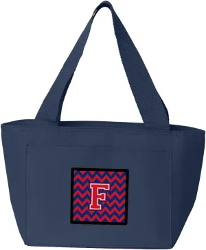 Caroline's Treasures CJ1054-FNA-8808 Letter F Chevron Yale Blue and Crimson Lunch Bag Insulated Lunch Box Tote Bag for Women Adult Men, Reusable, Large, Navy