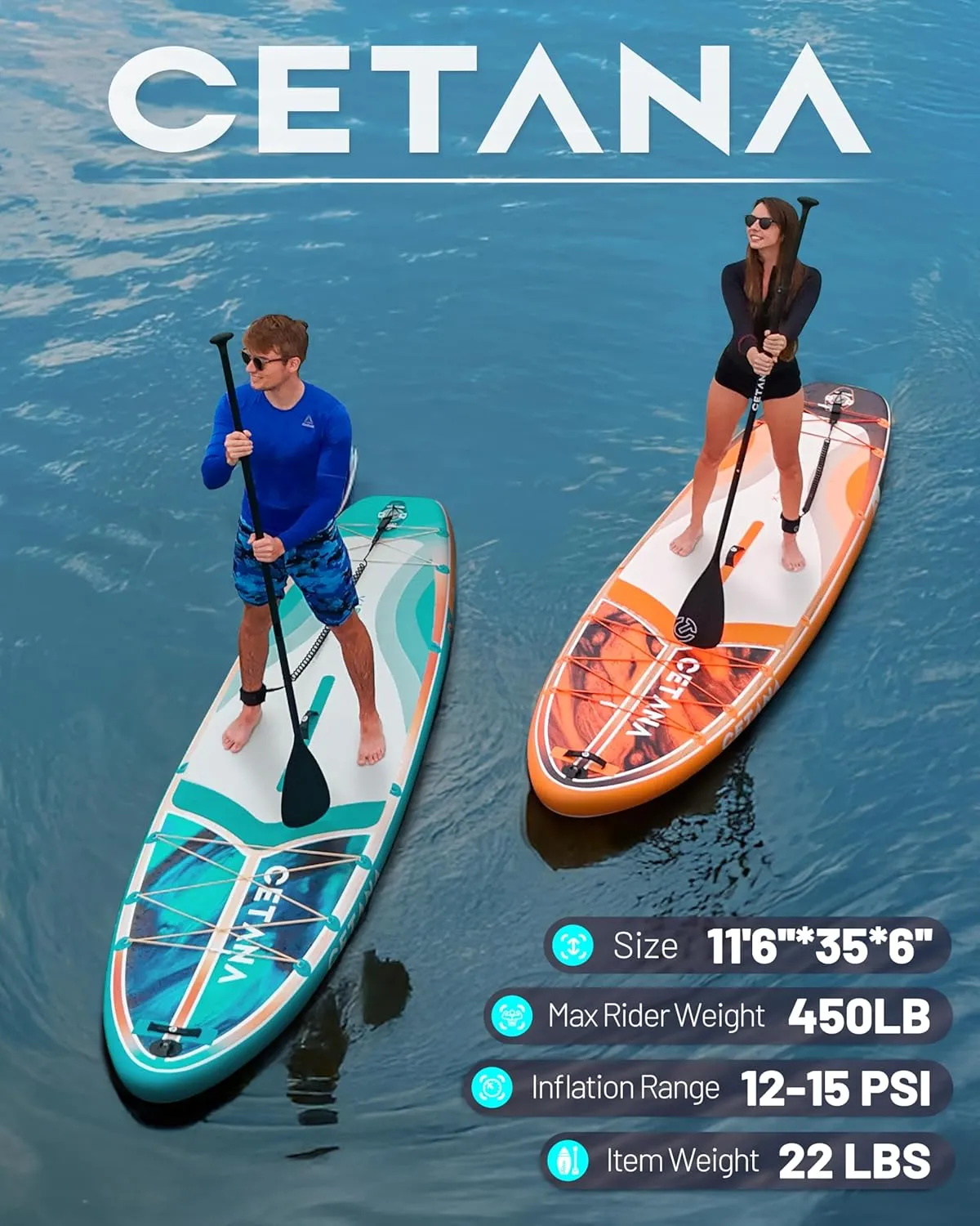 CETANA 11'6×35" Extra Wide Inflatable Paddle Board,Stand Up Paddle Board for Beginner,450lb Capacity SUP for Family with Safety Leash, Waterproof Bag,3 Removable Fins,Dual-action Pump& Floating Paddle