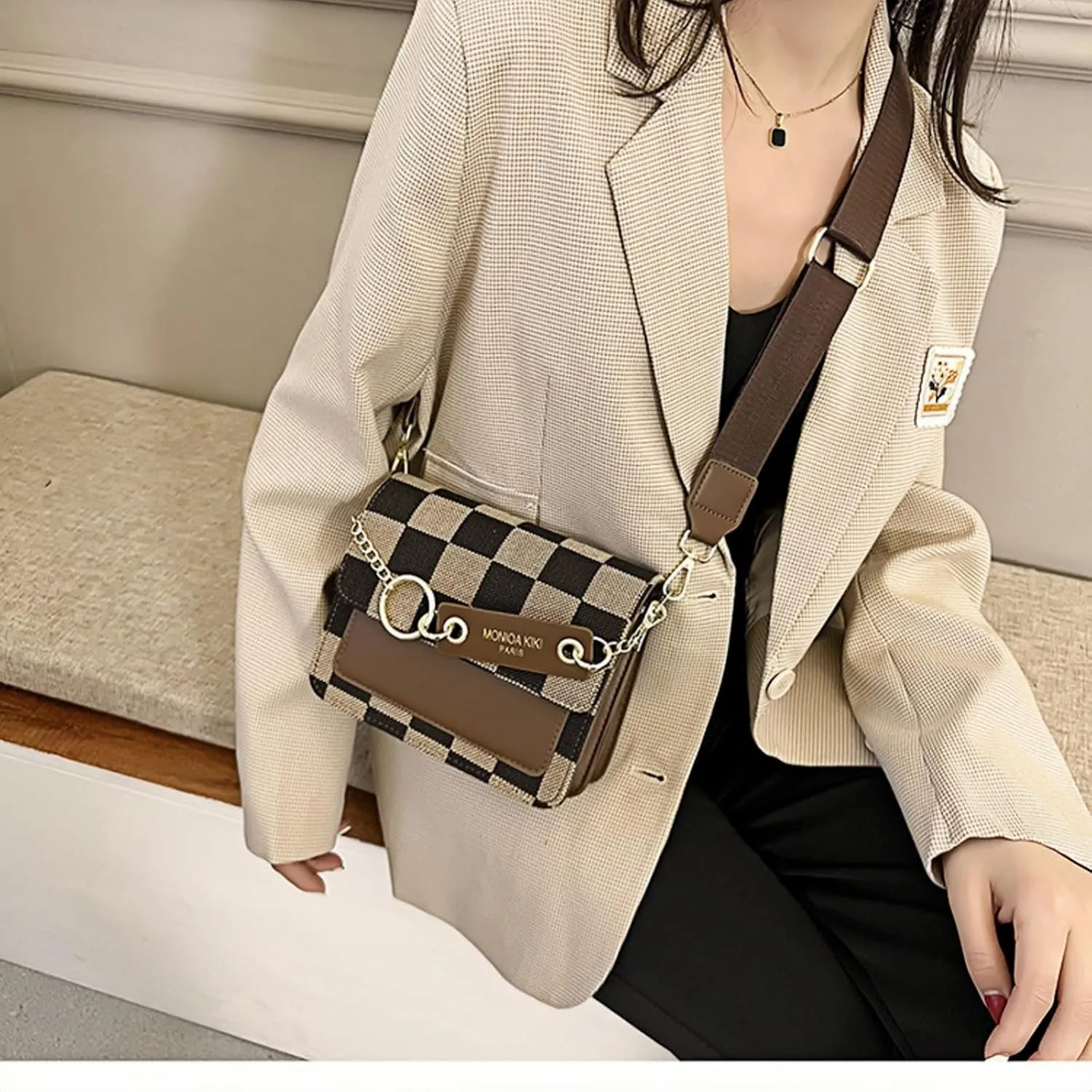 Checkered Crossbody Bag for Women, Leather Checkerboard Shoulder Handbag Trendy Plaid Clutch Purse Ladies Cute Satchel