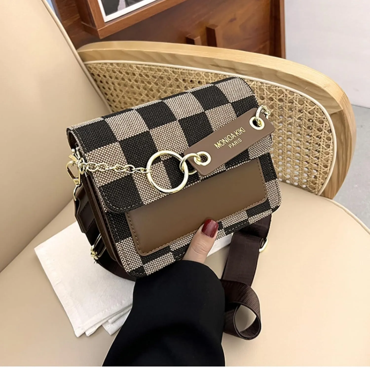Checkered Crossbody Bag for Women, Leather Checkerboard Shoulder Handbag Trendy Plaid Clutch Purse Ladies Cute Satchel