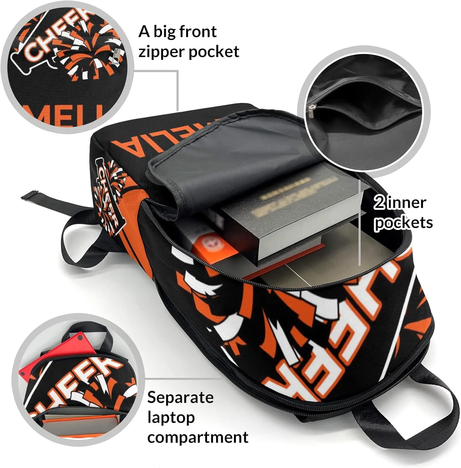 Cheerleader Orange Personalized Backpack for Teen Boys Girls,Custom Travel Backpack Bookbag Casual Bag Name Gift