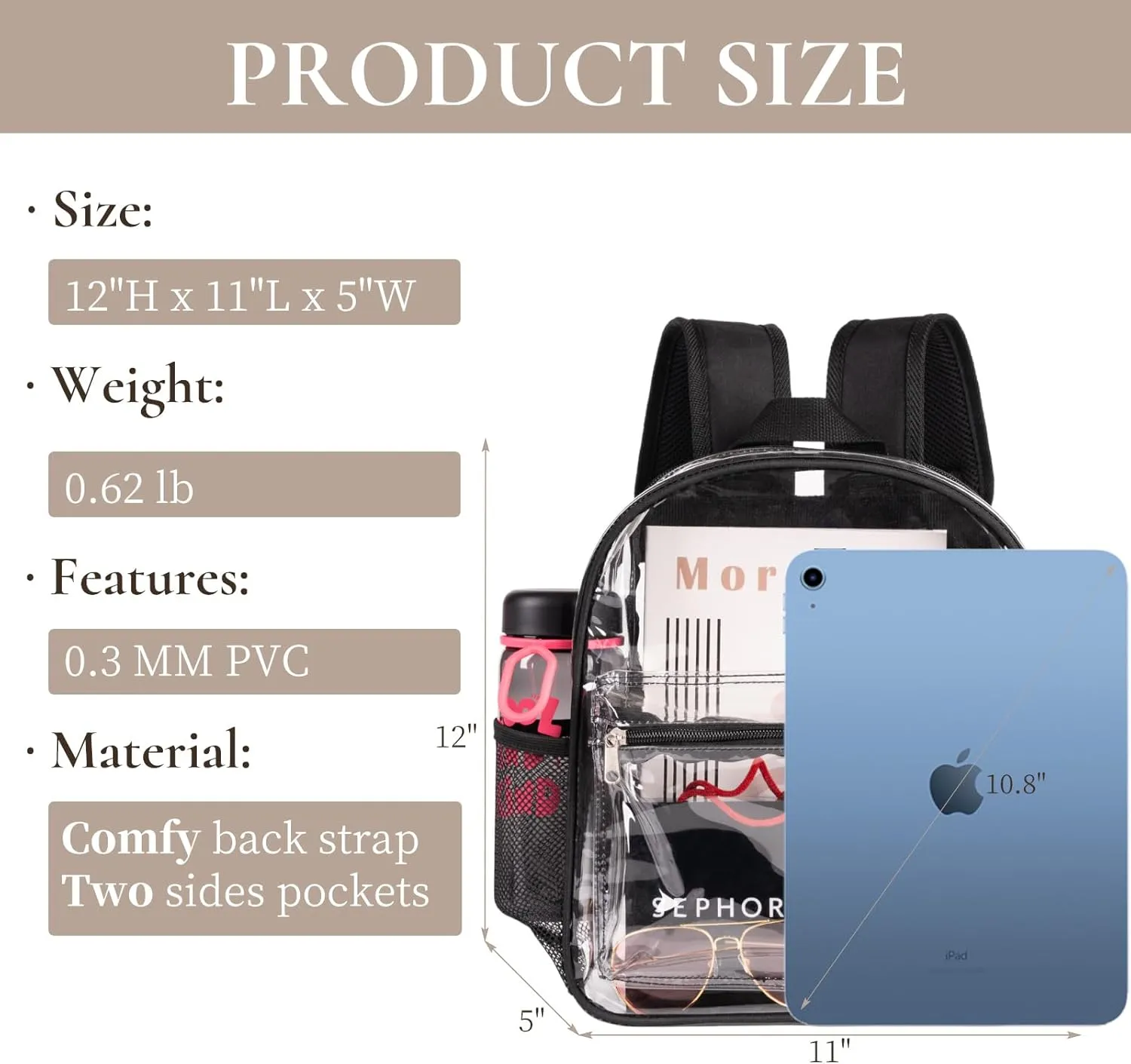 Clear Backpack for Stadium Approved 12×12×6, See Through Bag, PVC Transparent Backpack for Festival Sport Event Concerts (BLK)