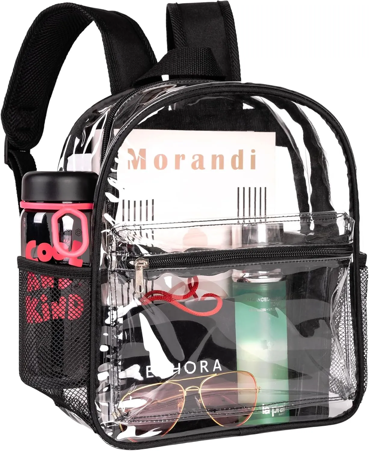 Clear Backpack for Stadium Approved 12×12×6, See Through Bag, PVC Transparent Backpack for Festival Sport Event Concerts (BLK)
