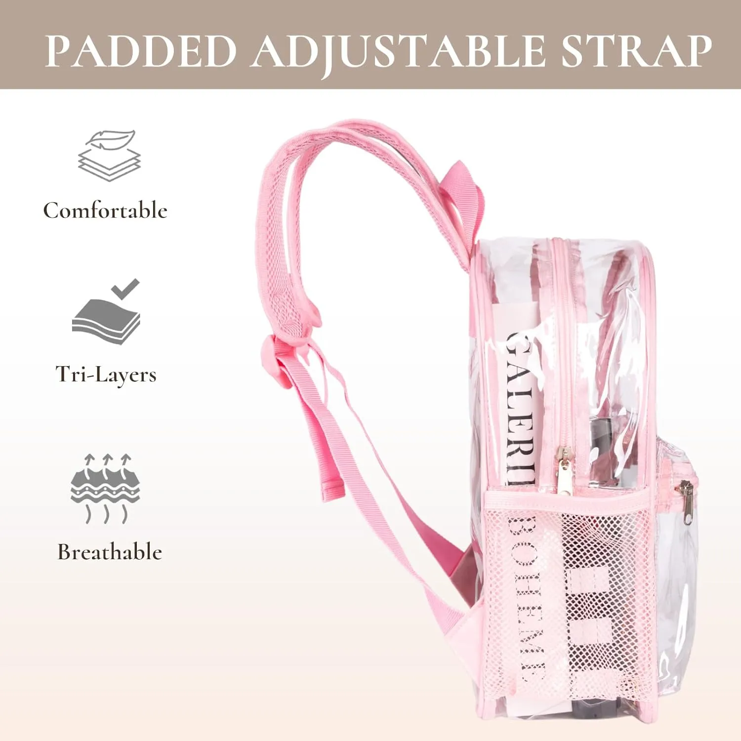 Clear Backpack for Stadium Approved 12×12×6, See Through Bag, PVC Transparent Backpack for Festival Sport Event Concerts (PINK)