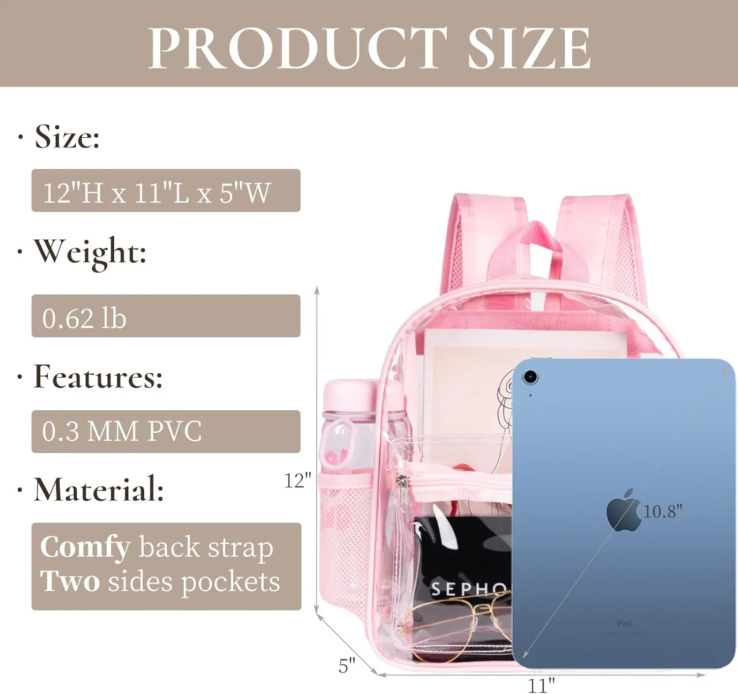 Clear Backpack for Stadium Approved 12×12×6, See Through Bag, PVC Transparent Backpack for Festival Sport Event Concerts (PINK)