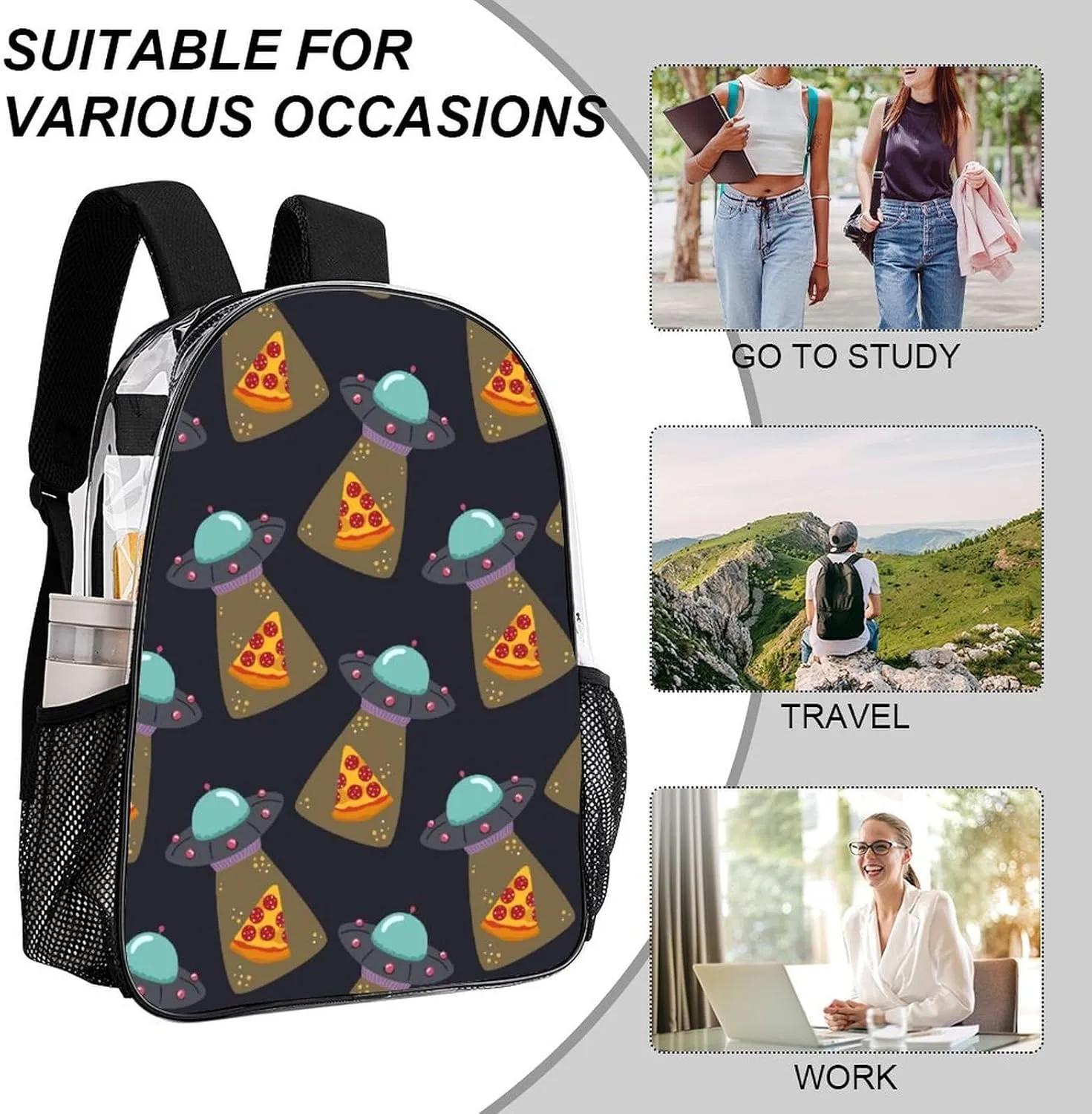 Clear Backpack Heavy Duty UFO Pizza Funny Pattern 16 Inch for Stadium Events Concert Travel Work Sport Hiking Waterproof Sturdy Transparent Bag for Men Women