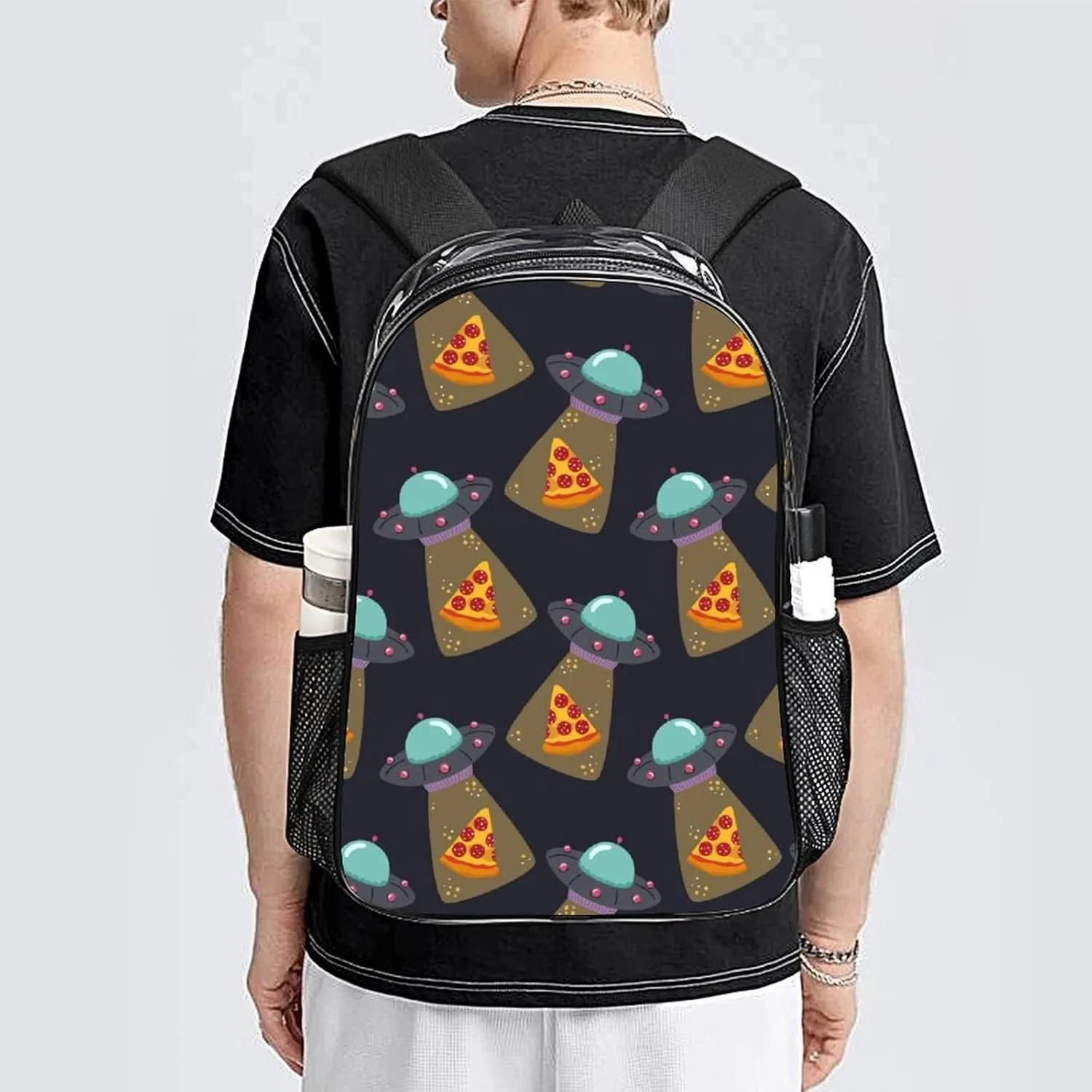 Clear Backpack Heavy Duty UFO Pizza Funny Pattern 16 Inch for Stadium Events Concert Travel Work Sport Hiking Waterproof Sturdy Transparent Bag for Men Women
