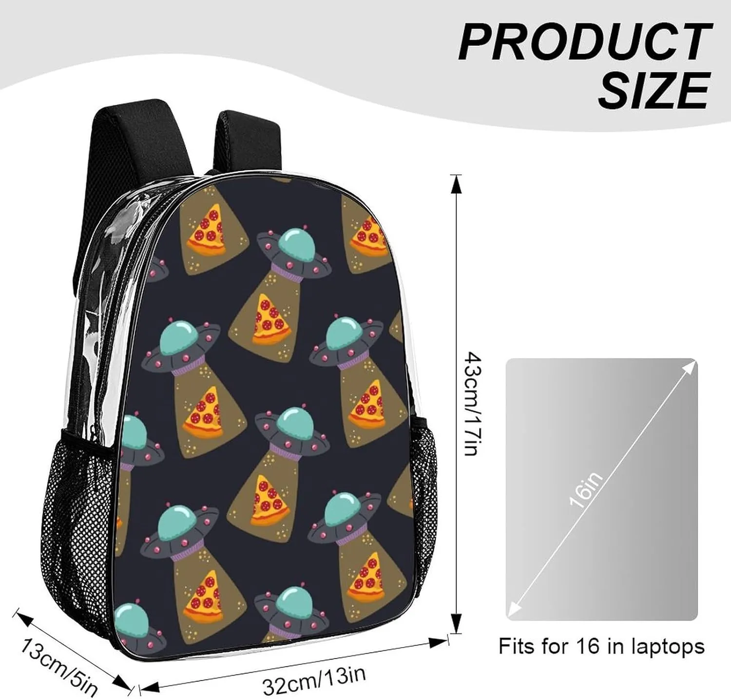 Clear Backpack Heavy Duty UFO Pizza Funny Pattern 16 Inch for Stadium Events Concert Travel Work Sport Hiking Waterproof Sturdy Transparent Bag for Men Women
