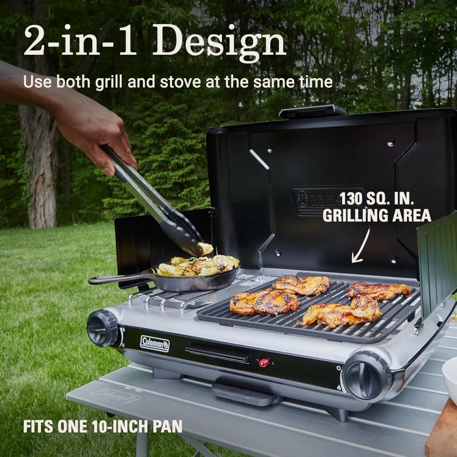 Coleman Tabletop 2-in-1 Grill & Stove with 2 Adjustable Burners, Propane Grill/Stove with Push-Button Starter, Wind Guards, Grease Tray, & 20,000 BTUs of Power for Camping, Tailgating, & More